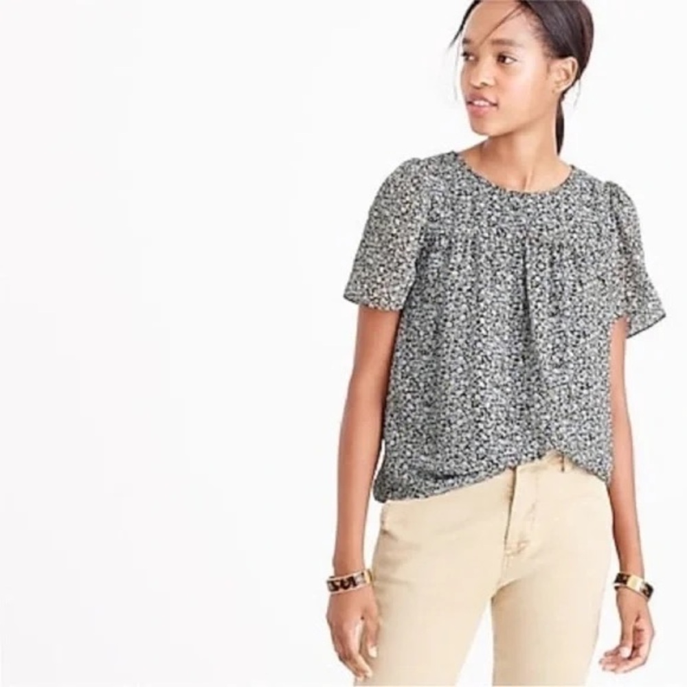 J. CREW Chiffon Silk Gold Metallic Black & White Blouse Floral Top - Picture 2 of 16